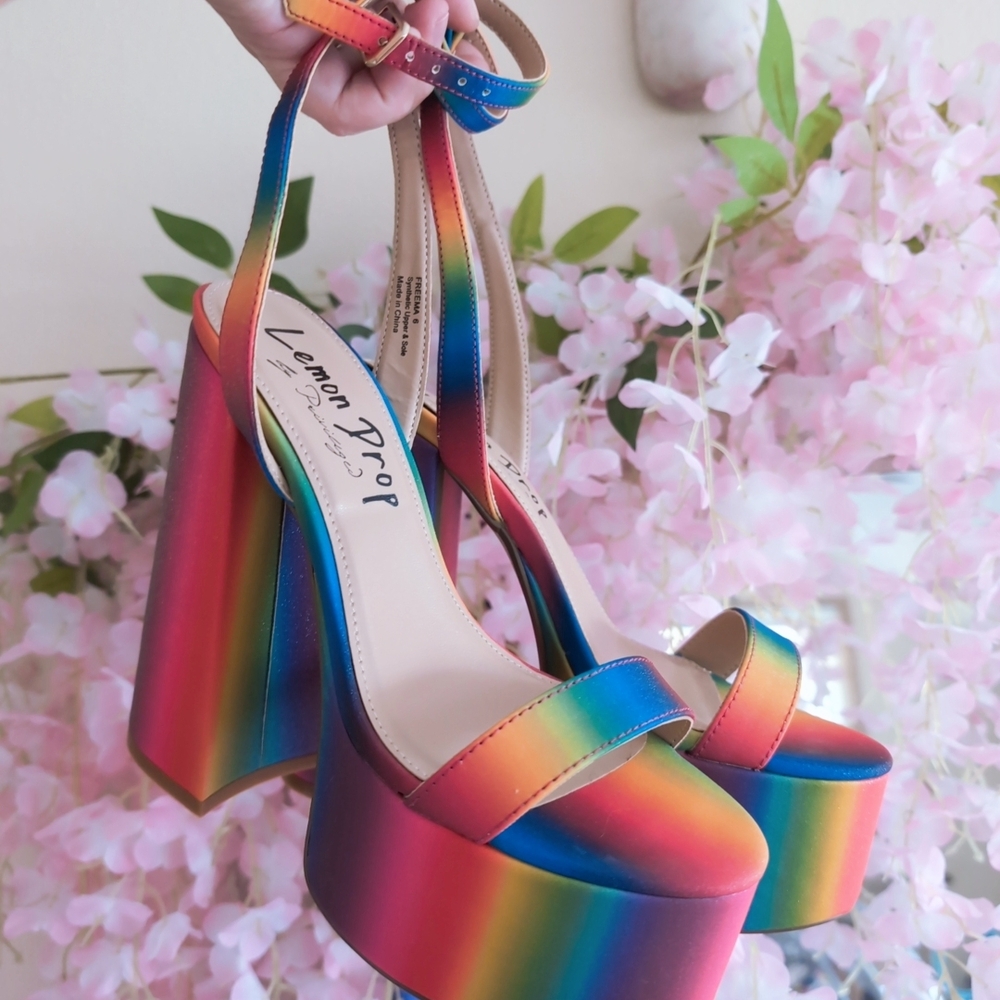 NWOB Lemon Drop By Privileged Rainbow Glitter Platform Heels